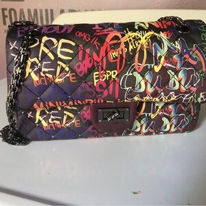 Graffiti vegan leather crossbody shoulder purse embellished w Swarovski crystals
